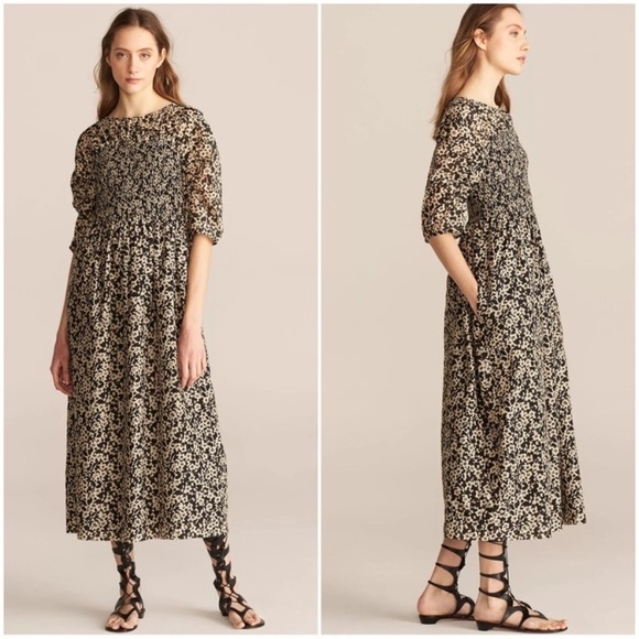 Rebecca Taylor | Ruched Oska Midi Smocked Silk Blend Dress Size Small - Picture 1 of 13